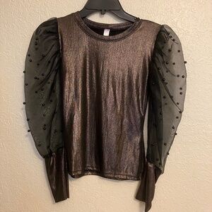 D'BRICE Top Metallic Brown w/Sheer Black Long Sleeves Adorned w/Dots - Fits S/M